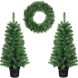 Black Box Trees Norton Set van 2 Kunstkerstbomen en 1 Kerstkrans met LED Verlichting - Groen
