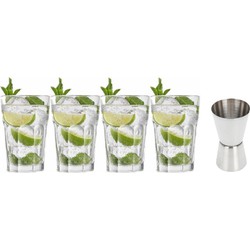 4x Cocktailglazen / Mojito glazen transparant 410 ml met RVS maatbeker / barmaatje - Cocktailglazen