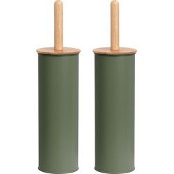 2x Stuks WC/Toiletborstel in houder metaal/bamboe hout - salie groen - 38 x 10 cm - Toiletborstels