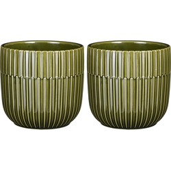 2x Stuks Plantenpot/bloempot keramiek glans donkergroen stripes patroon - D14/H13 cm - Plantenpotten