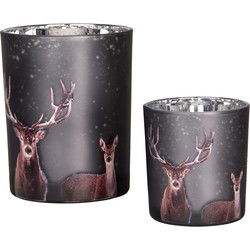 Clayre & Eef Theelichthouder Set van 2 Ø 7x8 / 10x13 cm Grijs Glas Hert