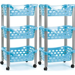 Set van 2x keukentrolley/roltafel 3 laags kunststof blauw 40 x 65 cm - Opberg trolley