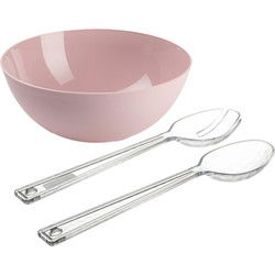 Salade serveer schaal - roze - kunststof - Dia 25 cm - inclusief sla couvert/bestek - Serveerschalen