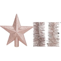 Kerstversiering kunststof glitter ster piek 19 cm en folieslingers pakket lichtroze van 3x stuks - kerstboompieken