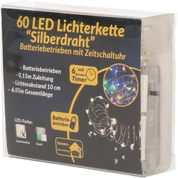 Kerstverlichting zilverdraad met warm witte lichtjes 6 meter op batterijen met timer - Lichtsnoeren