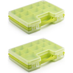 2x stuks opbergkoffertje/opbergdoos/sorteerboxen 22-vaks kunststof groen 28 x 21 x 6 cm - Opbergbox