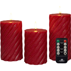 Stompkaars swirl wax led 3d vlam op batterij met afstandbediening set van 3 d7.5h10/12.5/15 cm rood