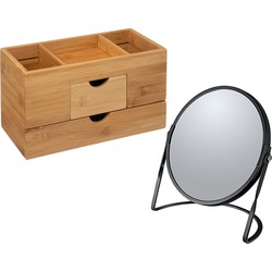 5Five Make-up organizer en spiegel set - lades/vakjes - bamboe/metaal - 5x zoom spiegel - Make-up dozen
