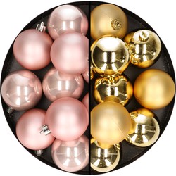24x stuks kunststof kerstballen mix van lichtroze en goud 6 cm - Kerstbal