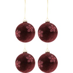 J-line - Doos Van 4 Kerstballen Bloemen Fluweel Glas Burgundy Medium - 10x10x10cm