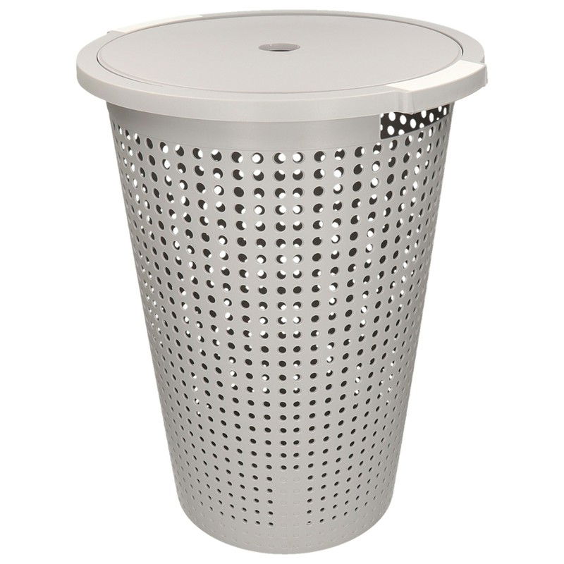 Wasmand met deksel - grijs - 35 liter - 40 x 52 cm - kunststof - Wasmanden - 