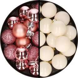 36x stuks kunststof kerstballen roze en wol wit 3 en 4 cm - Kerstbal