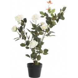 Groen/witte Rosa rozenstruik kunstplanten 80 cm met zwarte pot - Kunstplanten