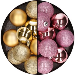 24x stuks kunststof kerstballen mix van goud en roze 6 cm - Kerstbal