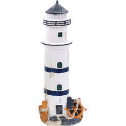 Vuurtoren decoratie beeldje - wit/blauw - polystone - 10 x 23 cm - Beeldjes