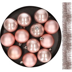 Decoris kerstballen 6 cm en slinger 13x stuks - lichtroze - kunststof - Kerstbal