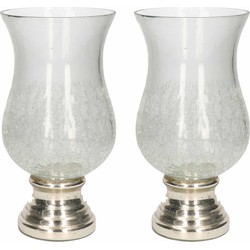2x Craquele glazen kaarsenhouders voor theelichtjes/waxinelichtjes met zilveren voet 26,5 x 13,5 cm - Waxinelichtjeshouders