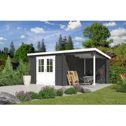 Outdoor Life blokhut Tampa met overkapping carbon grey-wit, 550 x 250 cm