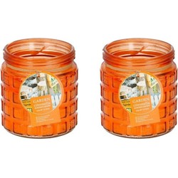2x stuks citronella kaarsen tegen insecten in glazen pot 12 cm oranje - geurkaarsen