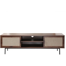 TV-meubel in walnootdecor met fronten van echt stof - L140 cm