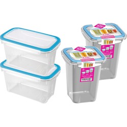 4x Voedsel plastic bewaarbakjes 1,2 en 0,75 liter transparant/blauw - Vershoudbakjes
