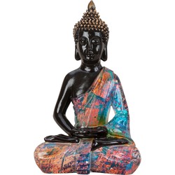 Boeddha beeld Colorfull - binnen/buiten - kunststeen - zwart/kleurenmix - 25 x 39 cm - Beeldjes