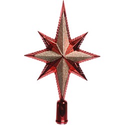 Kunststof glitter ster piek/kerstboom topper rood 25,5 cm - kerstboompieken