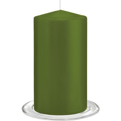 Trend Candles - Stompkaarsen met glazen onderzetters set van 2x stuks - olijfgroen 8 x 15 cm - Stompkaarsen