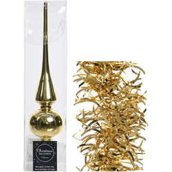 Kerstversiering glazen piek glans 26 cm en golf folieslingers pakket goud van 3x stuks - kerstboompieken