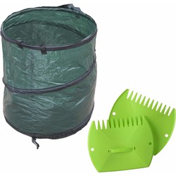 Groene tuinafvalzak opvouwbaar 90 liter met een setje bladharken/tuinafval grijpers - Tuinafvalzak