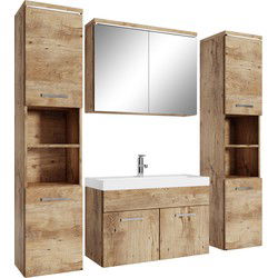 Badplaats Badkamermeubel Set Paso XL 80 cm - Kastanje Eiken - Badmeubel met spiegelkast en zijkasten