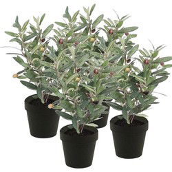 Kunstplant olijfboompje - 4x - groen - in zwarte pot - 35 cm - Kunstplanten