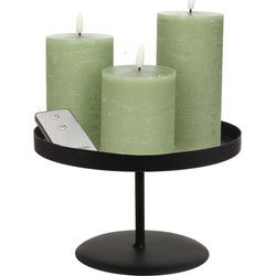 LED kaarsen - 3x st - jade groen - met zwart rond dienblad 22 cm - LED kaarsen