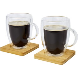 Seasons dubbelwandige koffieglazen 350 ml - set van 2x stuks - met bamboe onderzetters - Koffie- en theeglazen