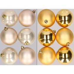 12x stuks kunststof kerstballen mix van champagne en goud 8 cm - Kerstbal