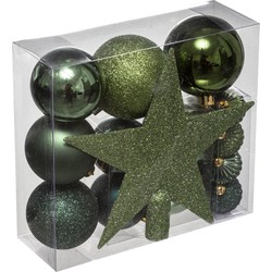 Feeric Christmas Kerstballen - 17x st - incl. ster piek - groen - 6-7-8 cm - Kerstbal
