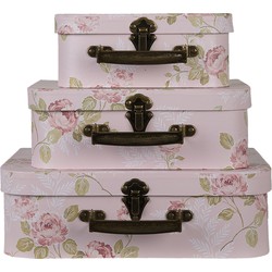 Clayre & Eef Decoratie koffer Set van 3  30x21x9/25x18x9/20x16x8 cm Roze Karton Rechthoek Bloemen Opbergkoffer