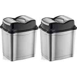 2x stuks zilver/zwarte kunststof vuilnisbakken 9 liter voor op kantoor - Prullenbakken