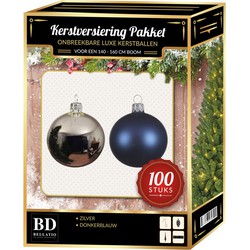 Zilver met donkerblauwe Kerstversiering voor 150 cm boom 100-delig - Kerstbal
