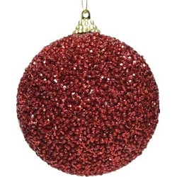 10x Kerstballen kerst rode glitters 8 cm met kralen kunststof kerstboom versiering/decoratie - Kerstbal