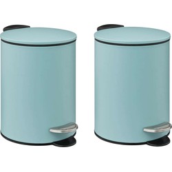 5Five kleine pedaalemmer - 2x - metaal - ijsblauw - 3L - 16 x 25 cm - Badkamer/toilet - Pedaalemmers