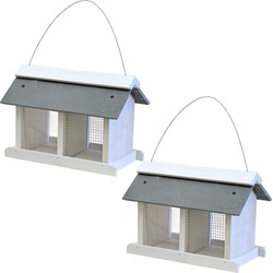 2x stuks vogelhuisje/voedersilo met twee vakken wit hout/leisteen 31 cm - Vogelhuisjes