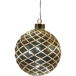 Kersthanger bal glas diamant patroon 10led warm wit op batterij met timer d12 cm glimmend goud