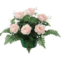 Louis Maes Kunstbloemen plantje in pot - lichtroze - 25 cm - Bloemstuk ornament - rozen met bladgroen - Kunstbloemen