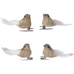 4x Decoratie glitter vogeltjes goud op clip 5 cm - Kersthangers