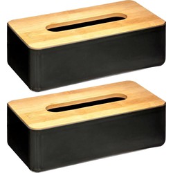 Set van 2x stuks tissuedozen/tissueboxen zwart kunststof met bamboe deksel 26 x 13 cm - Tissuehouders