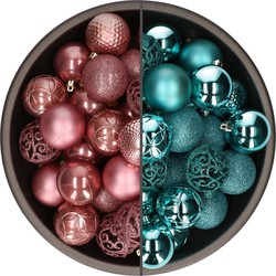 74x stuks kunststof kerstballen mix van velvet roze en turquoise blauw 6 cm - Kerstbal