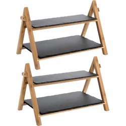 Set van 2x stuks dubbele Leisteen/bamboe serveerplank voor voedsel en hapjes 40 x 25 x 27 cm - Kaasplankjes