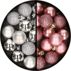34x stuks kunststof kerstballen zilver en velvet roze 3 cm - Kerstbal