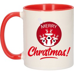 Kerstcadeau kinder mok/beker rood Merry Christmas rode kerstbal met rendieren 300 ml - Bekers